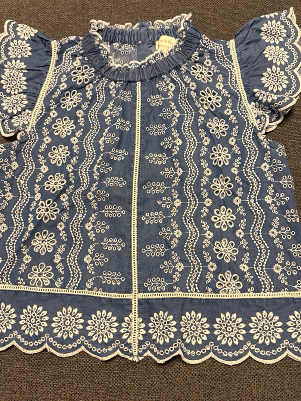 Girls Navy Blue Embroidered Ruffle Neck Blouse